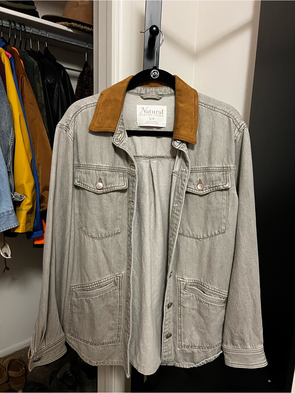 Natural Reflections Light Gray Denim Jacket with Brown Corduroy Collar